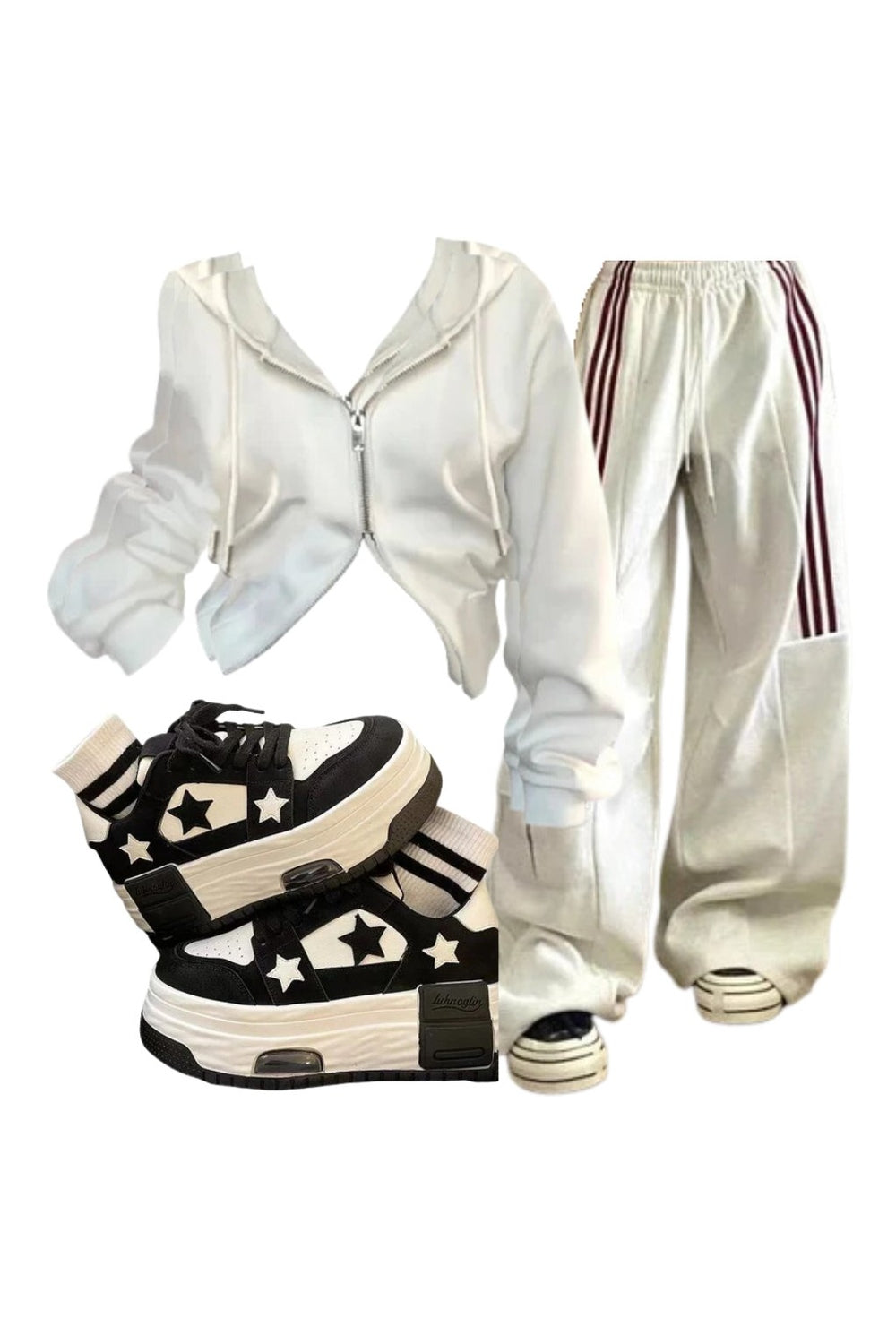 Y2k Outfit: Striped Cargo Spring Pants+Korean Y2K White Zip Hoodie+Acubi Star Skateboard Y2k Shoes