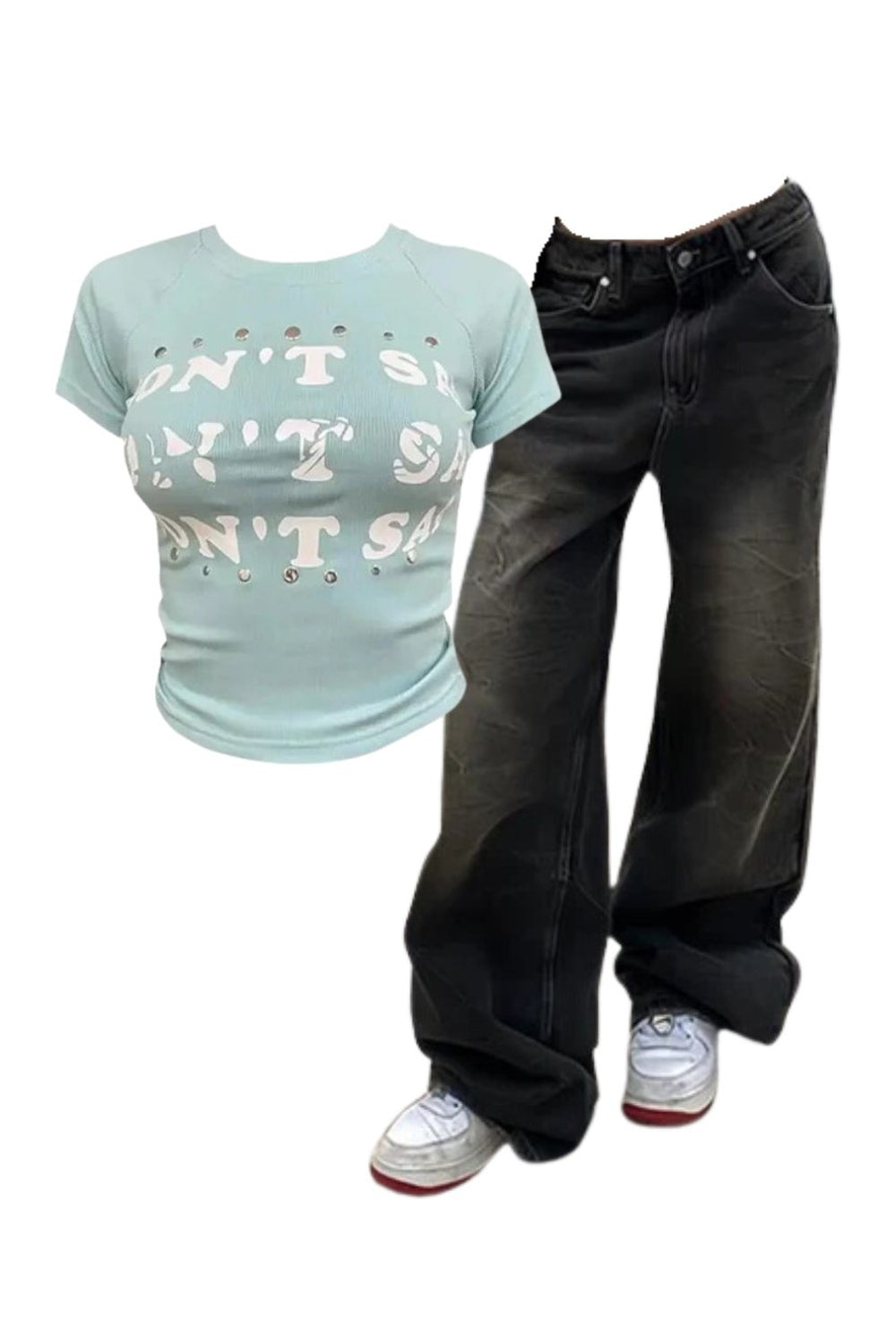 Vintage washed baggy jeans with studded baby top.