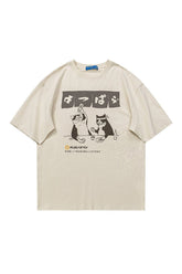 Beige Oversized Drinking Cat T-shirt, playful design.