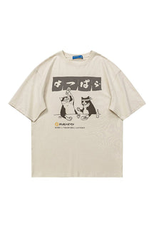 Beige Oversized Drinking Cat T-shirt, playful design.