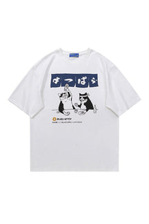 Oversized Drinking Cat T-shirt in White, playful design.