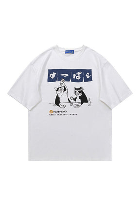 Oversized Drinking Cat T-shirt in White, playful design.