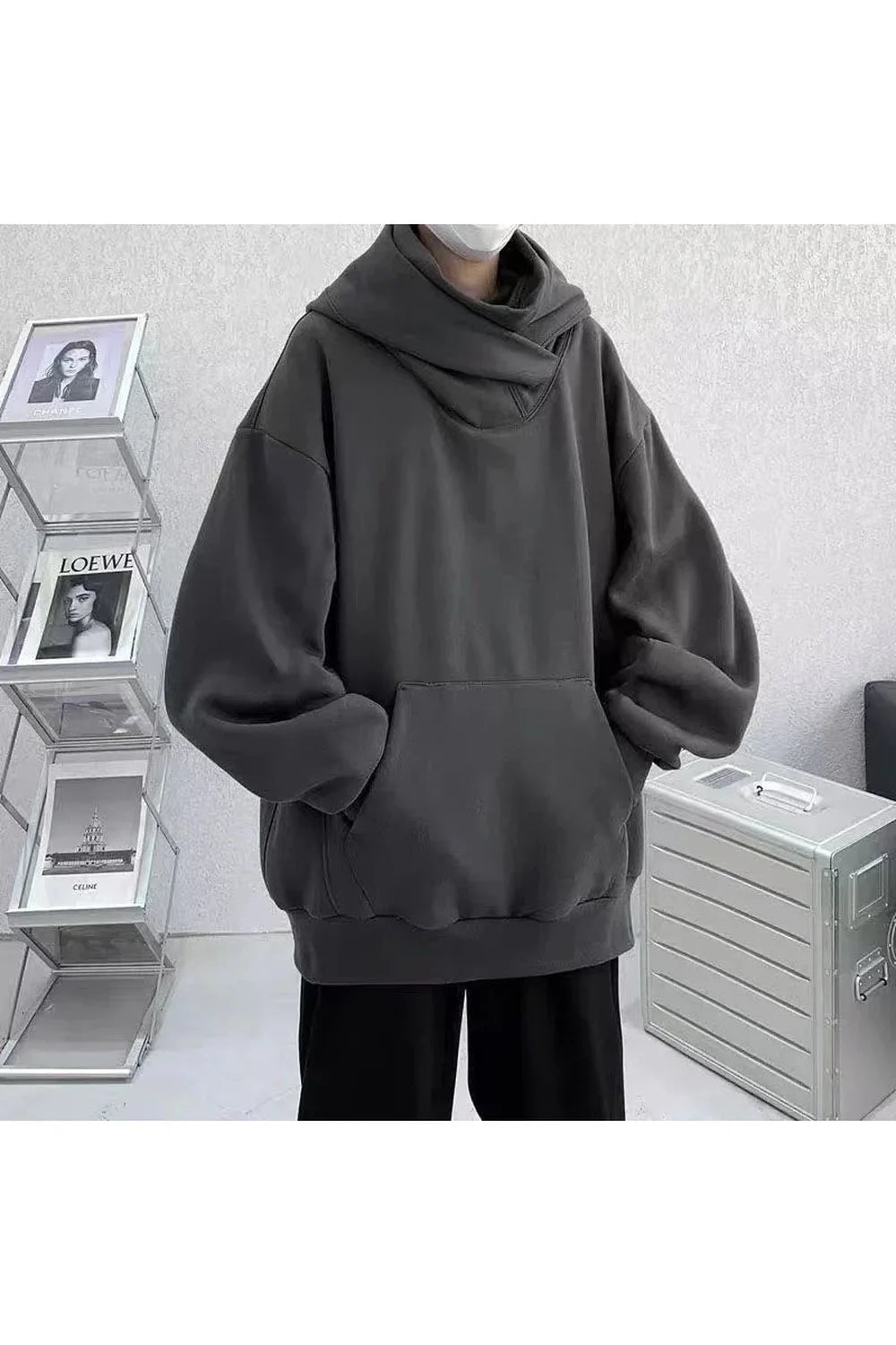 Oversized Futuristic Hooded Sweatshirt in black, trendy style.