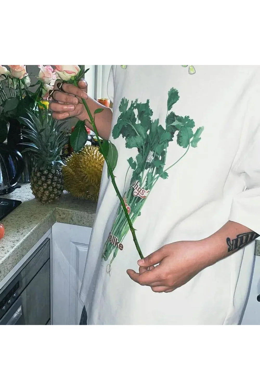 Oversized Herb Print T-Shirt in WHITE with botanical motif.