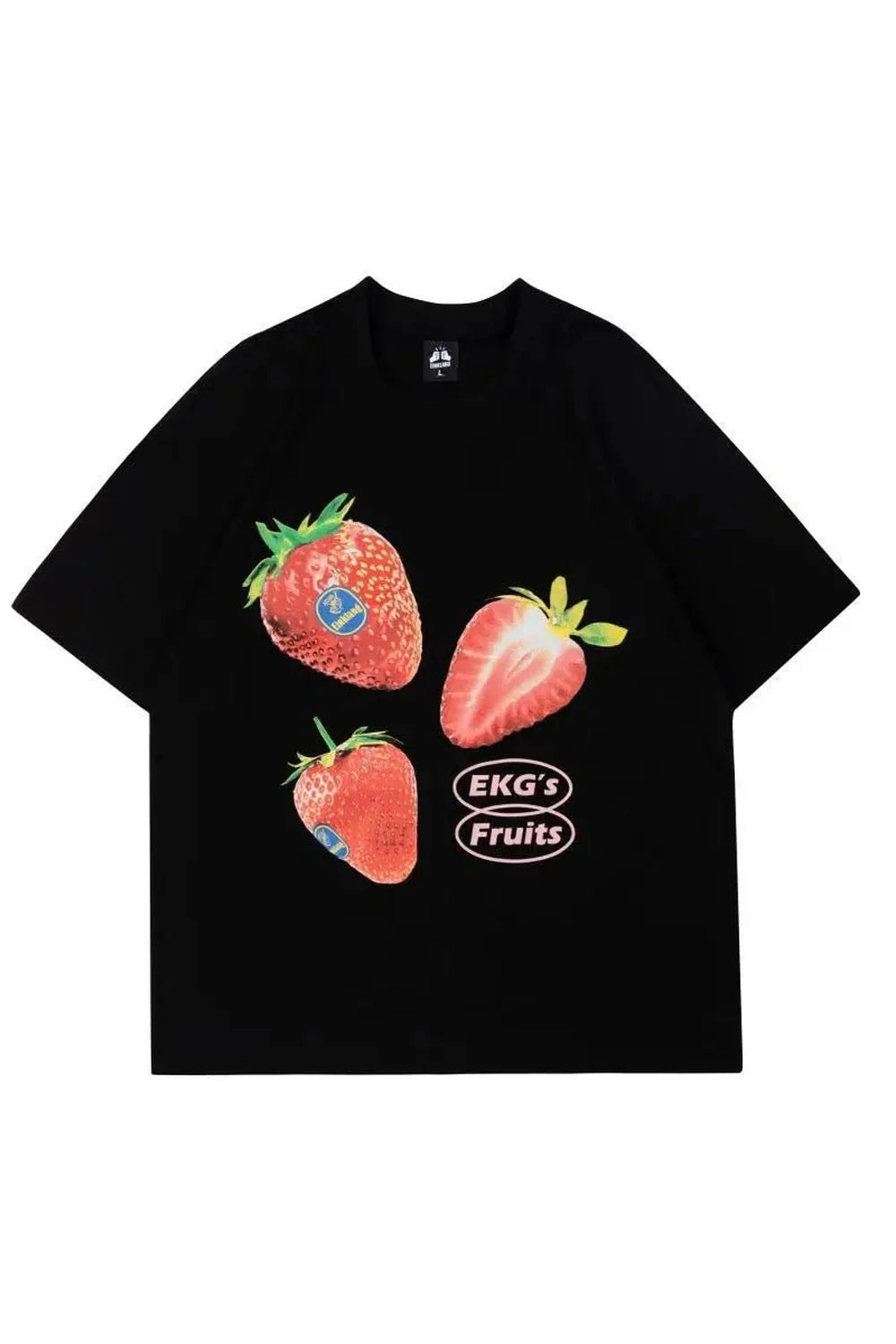 Oversized black graphic tee featuring strawberries.