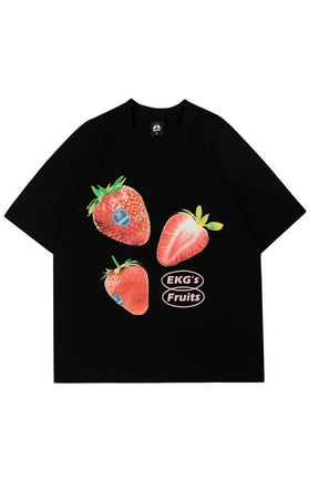 Oversized black graphic tee featuring strawberries.