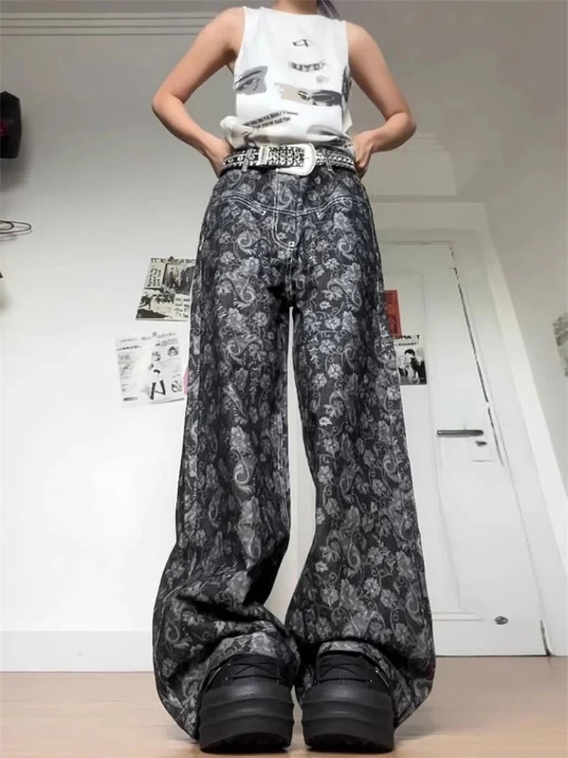 Black Paisley Shadow Wide-Leg Pants: Elegant and stylish.