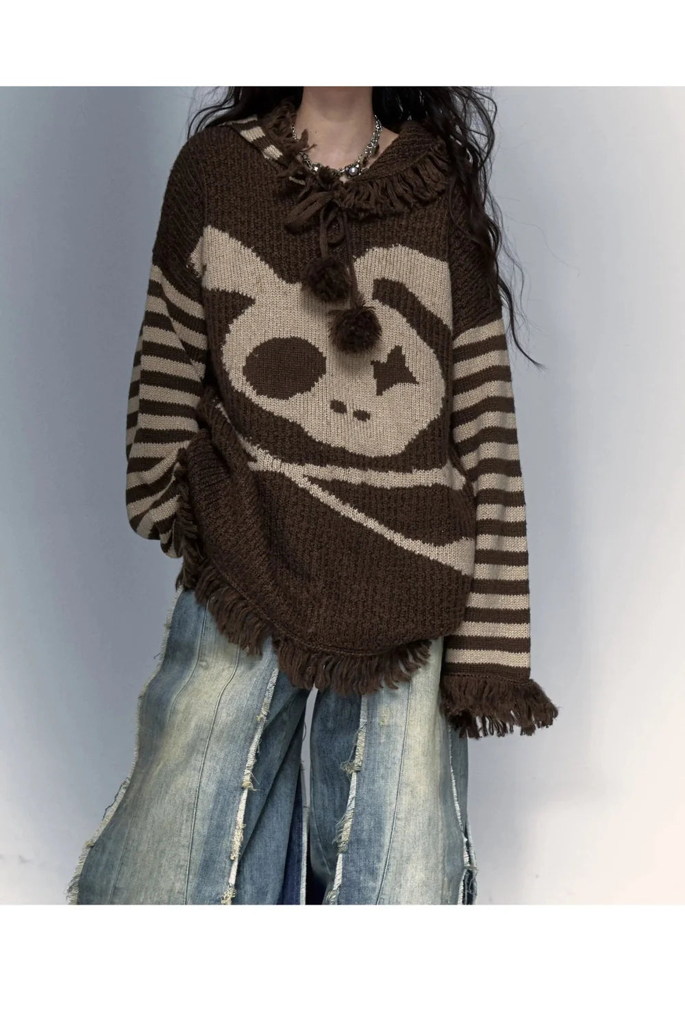 Cozy brown Panda Punk Fringed Sweater for winter.