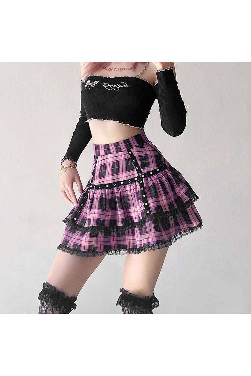 Pastel Goth Mini Plaid Skirt 9530: Vibrant and edgy plaid design.