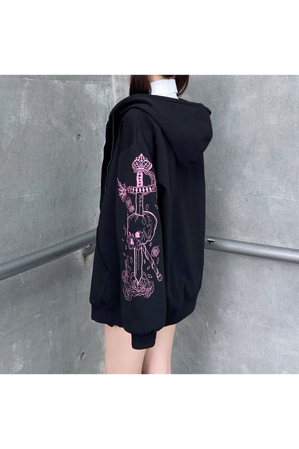 Stylish Fall Pastel Goth Zip Up Hoodie in Black.