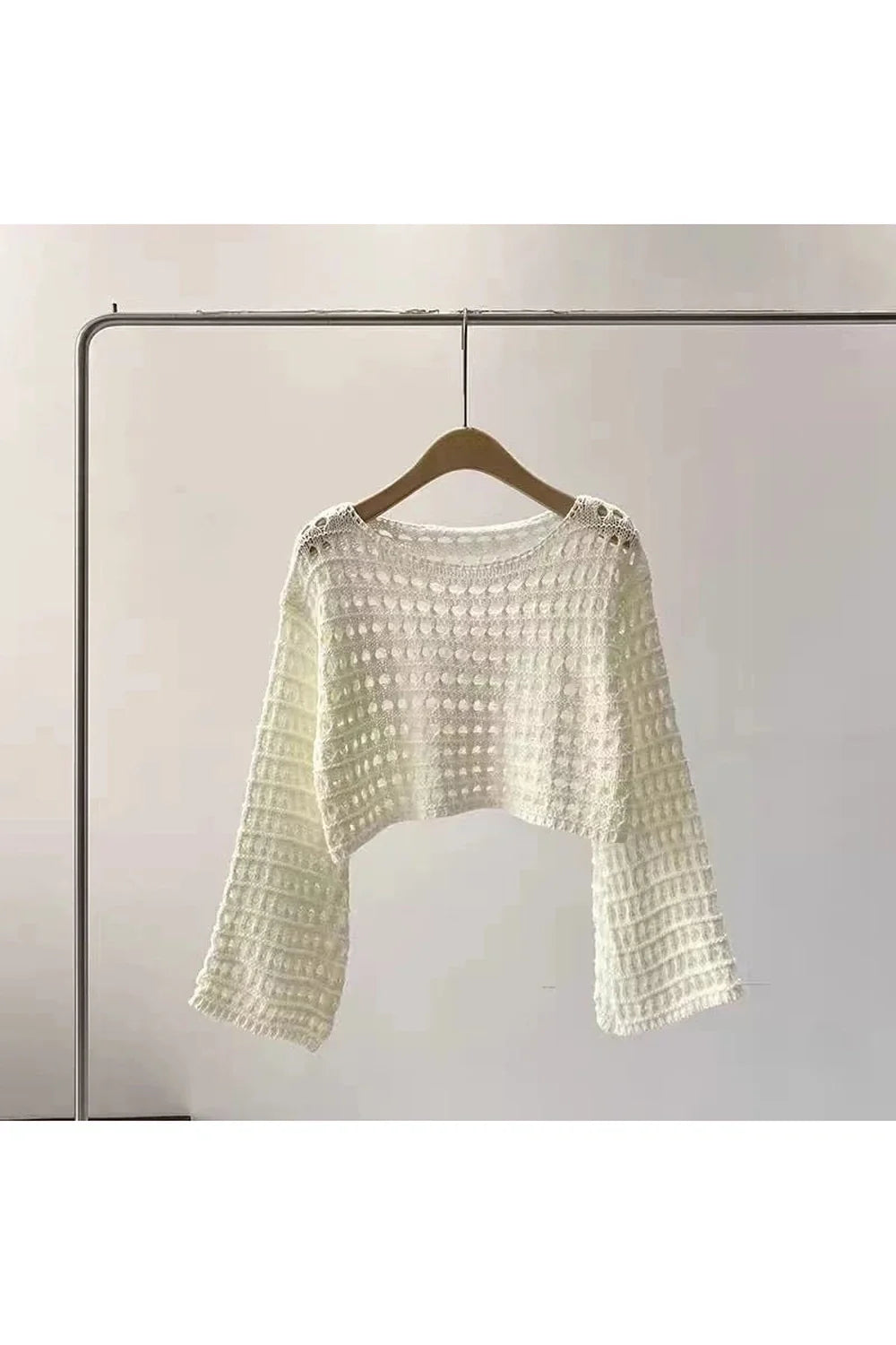 Pastel Open-Knit Cropped Sweater in White, textured design.