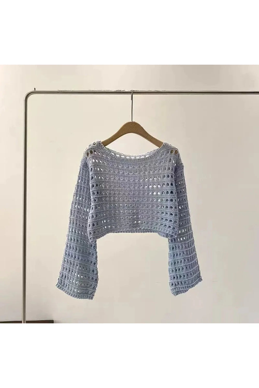 Pastel Open-Knit Cropped Sweater in Blue, chic design.