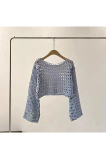 Pastel Open-Knit Cropped Sweater in Blue, chic design.