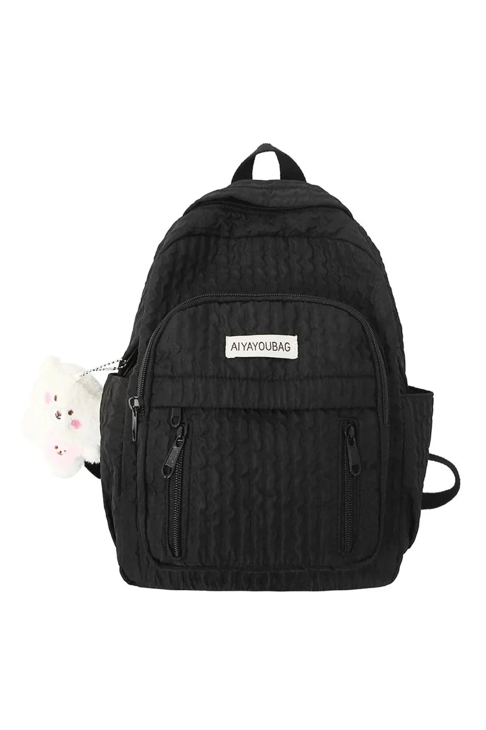 Pastel Pink Teddy Backpack in black, stylishly versatile.