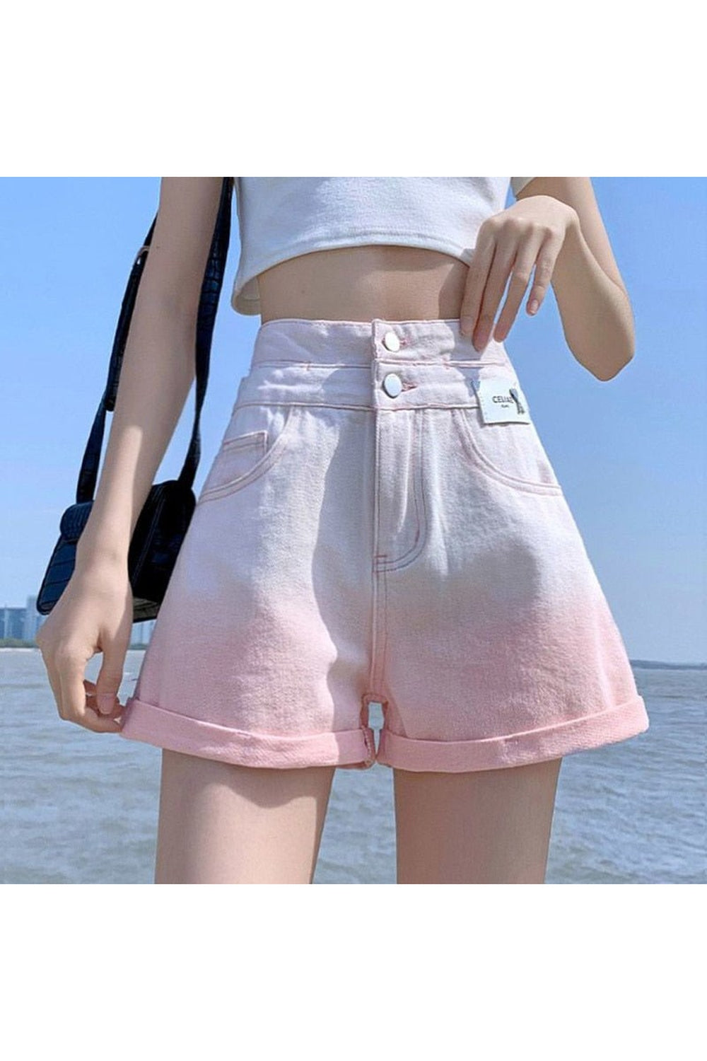 High waist pink patchwork jeans shorts for women.