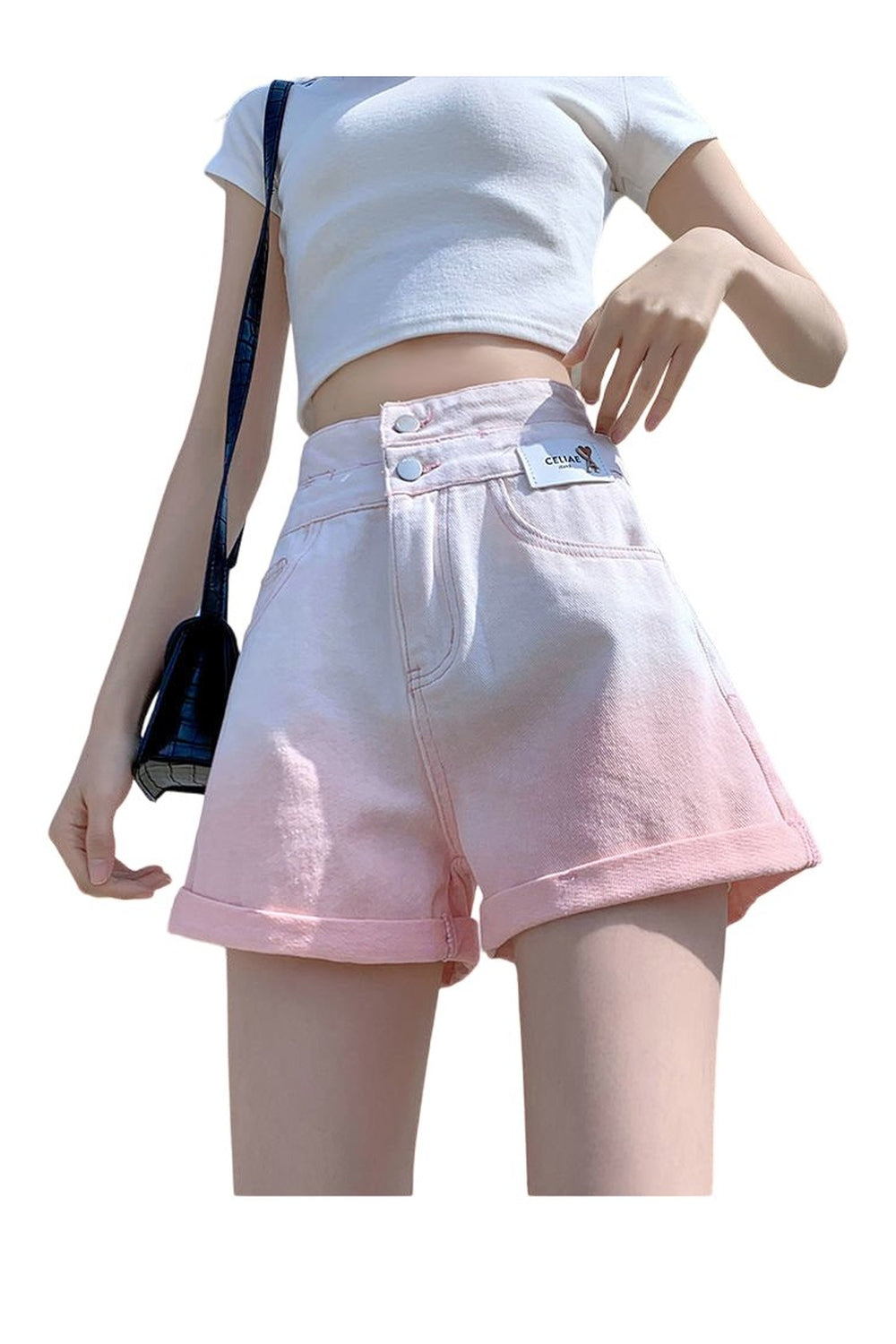 High waist pink patchwork jeans shorts for women.