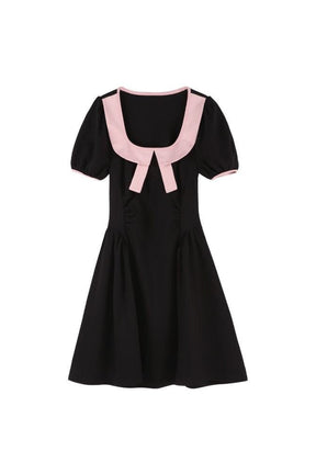 Black Patchwork Sweet French Mini Dress features elegant design.