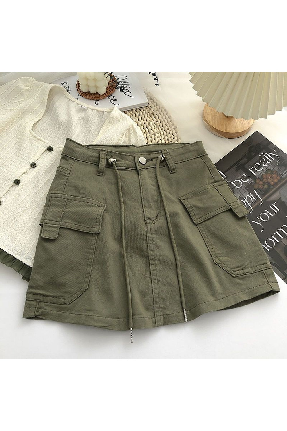 Stylish Army Green Patchwork Y2K Mini Skirt.