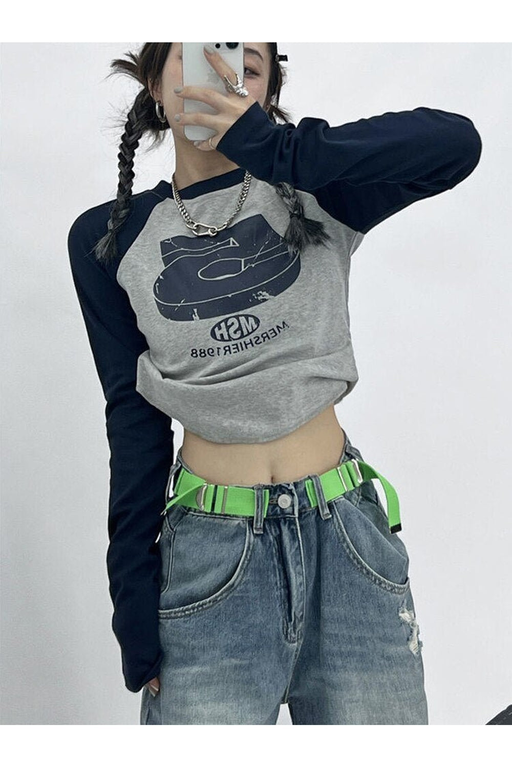 Stylish military green patchwork retro crop top.