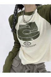 Stylish military green patchwork retro crop top.