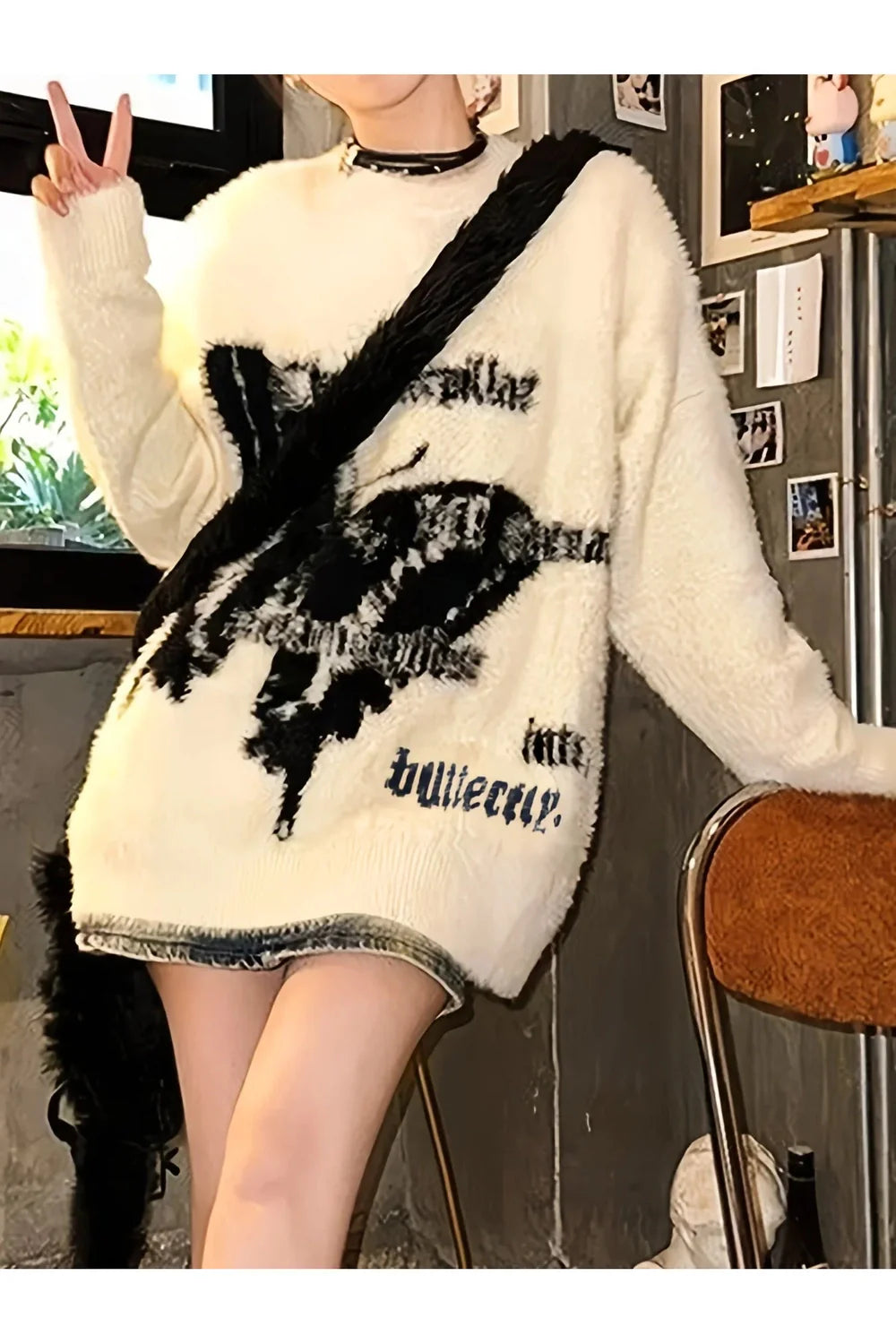 Cozy Phantom Print Fuzzy Sweater in Milky White.