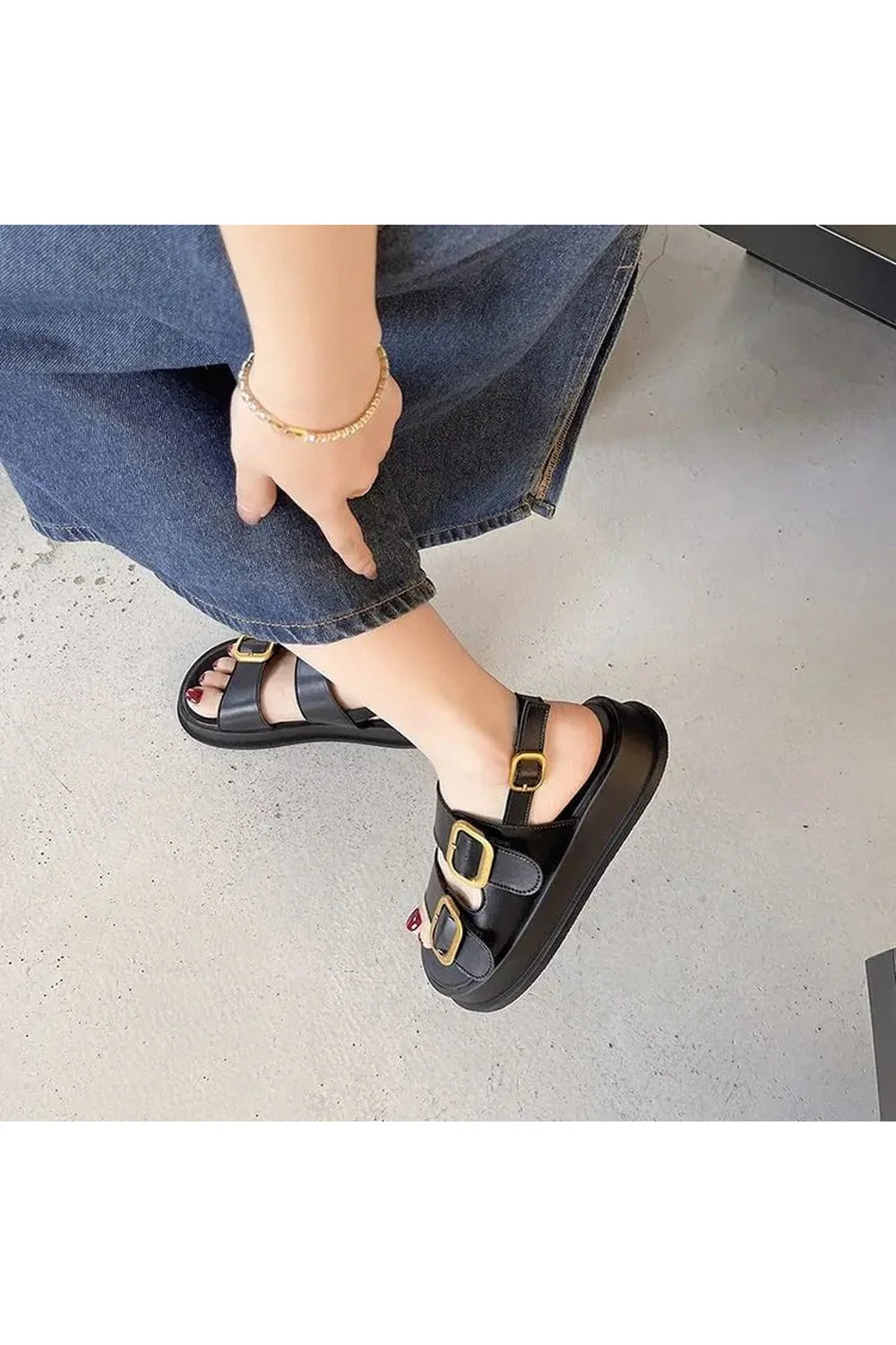 Black Pin Buckle Platform Sandals, featuring style.