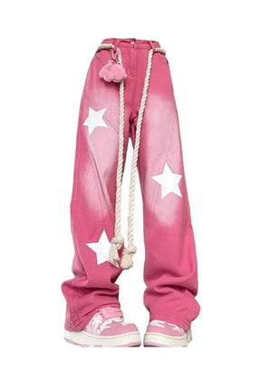 Fall Pink Blue Baggy Star Jeans