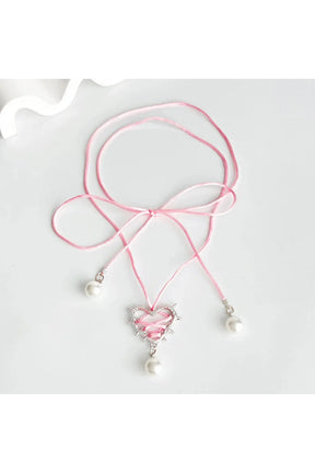 Pink Bow Metal Heart Necklace