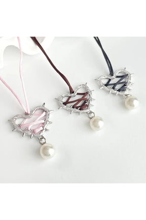 Pink Bow Metal Heart Necklace