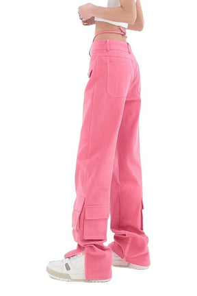 Fall Pink Cargo Jeans Pocket Straight Vintage Streetwear