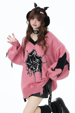 Cozy Pink Gothic Web Sweater, with intricate design.