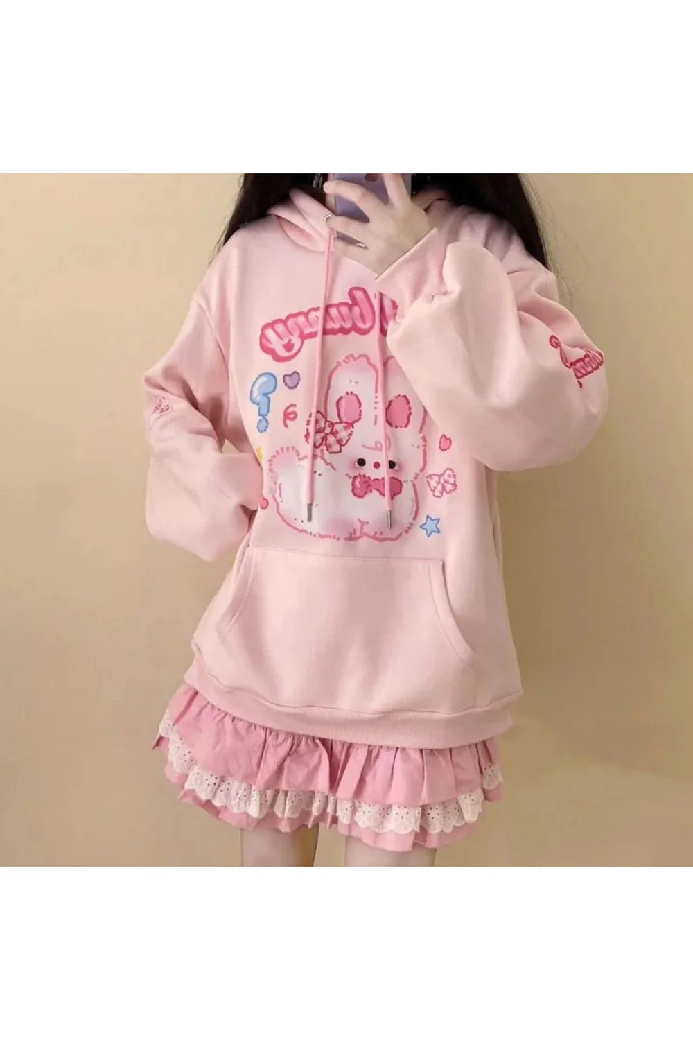 Fall Pink Hoodie Rabbit Print