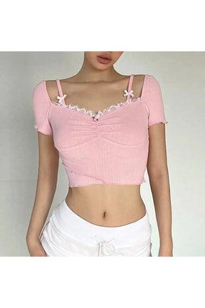 Pink Lace Bow Trim Crop Top