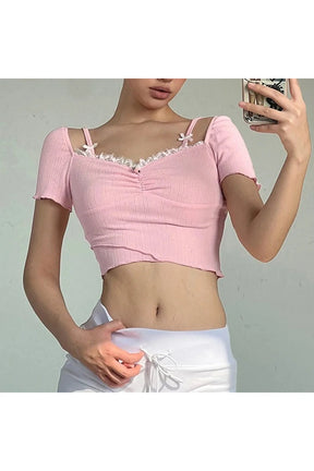 Pink Lace Bow Trim Crop Top