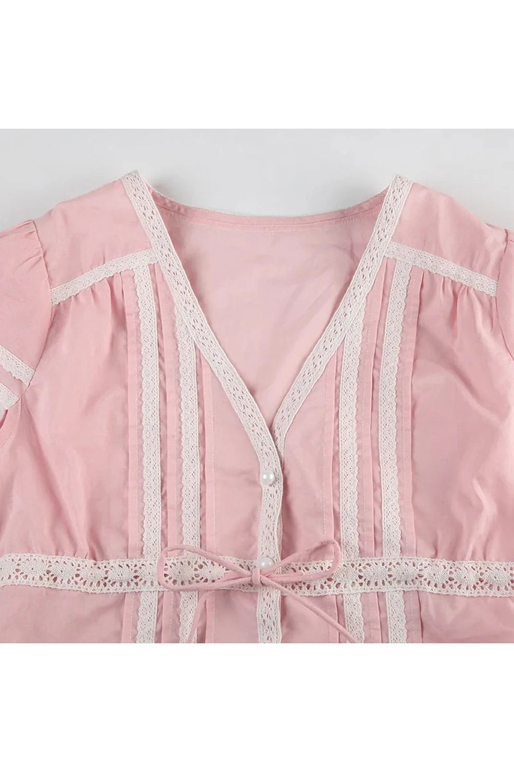 Pink Lace Trim Bow Blouse in Pink, delicate.