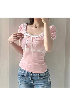 Pink Lace-Trim Puff Sleeve Top