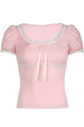 Stylish "Sweet" Pink Lace-Trim Top with Puff Sleeves.