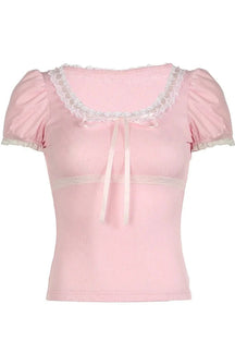 Stylish "Sweet" Pink Lace-Trim Top with Puff Sleeves.