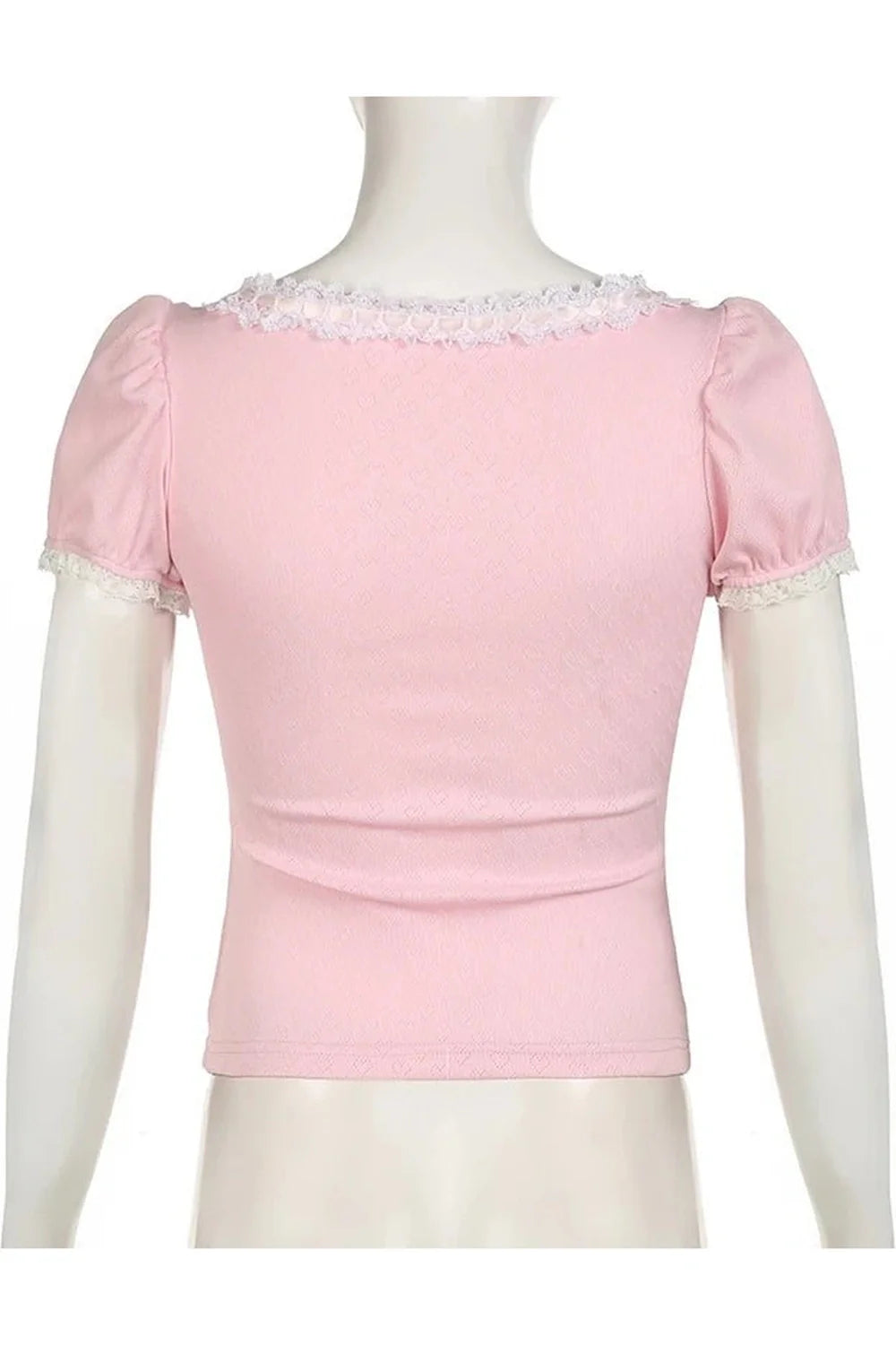 Pink Lace-Trim Puff Sleeve Top