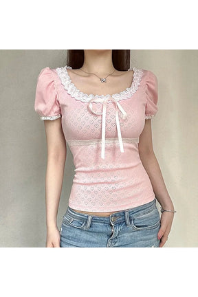 Stylish "Sweet" Pink Lace-Trim Top with Puff Sleeves.