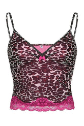 Stylish Pink Leopard Lace Trim Top in Leopard.