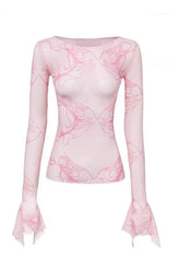 Stylish Pink Mesh Long Sleeve T-shirt in Pink.