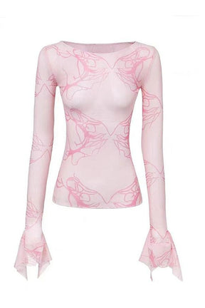 Stylish Pink Mesh Long Sleeve T-shirt in Pink.