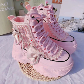 Pink Pearl Heart High Platform Sneakers