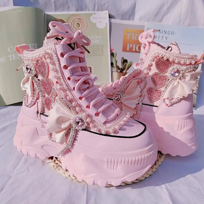 Pink Pearl Heart High Platform Sneakers