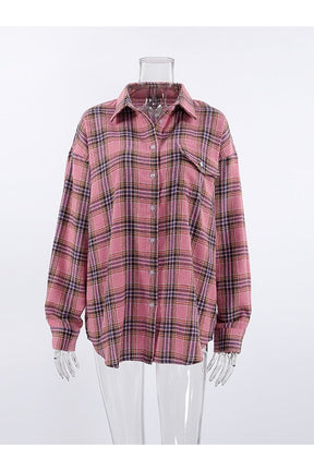 Pink Gingham Plaid Loose Shirt, stylish and trendy.