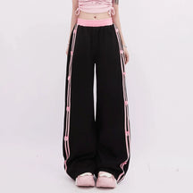 Black Pink-Trimmed Bow Accent Wide-Leg Pants, elegant.