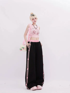 Black Pink-Trimmed Bow Accent Wide-Leg Pants, elegant.