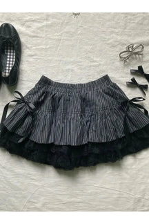 Black Pinstripe Lace Ruffle Skirt with flair.