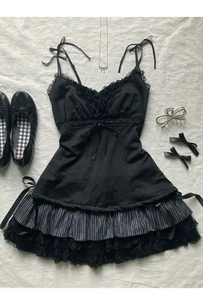 Black Pinstripe Lace Ruffle Skirt with flair.